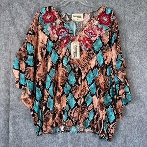 Savanna Jane Embroidered Snake Print Top Blouse Medium Dolman Sleeve Boho Floral